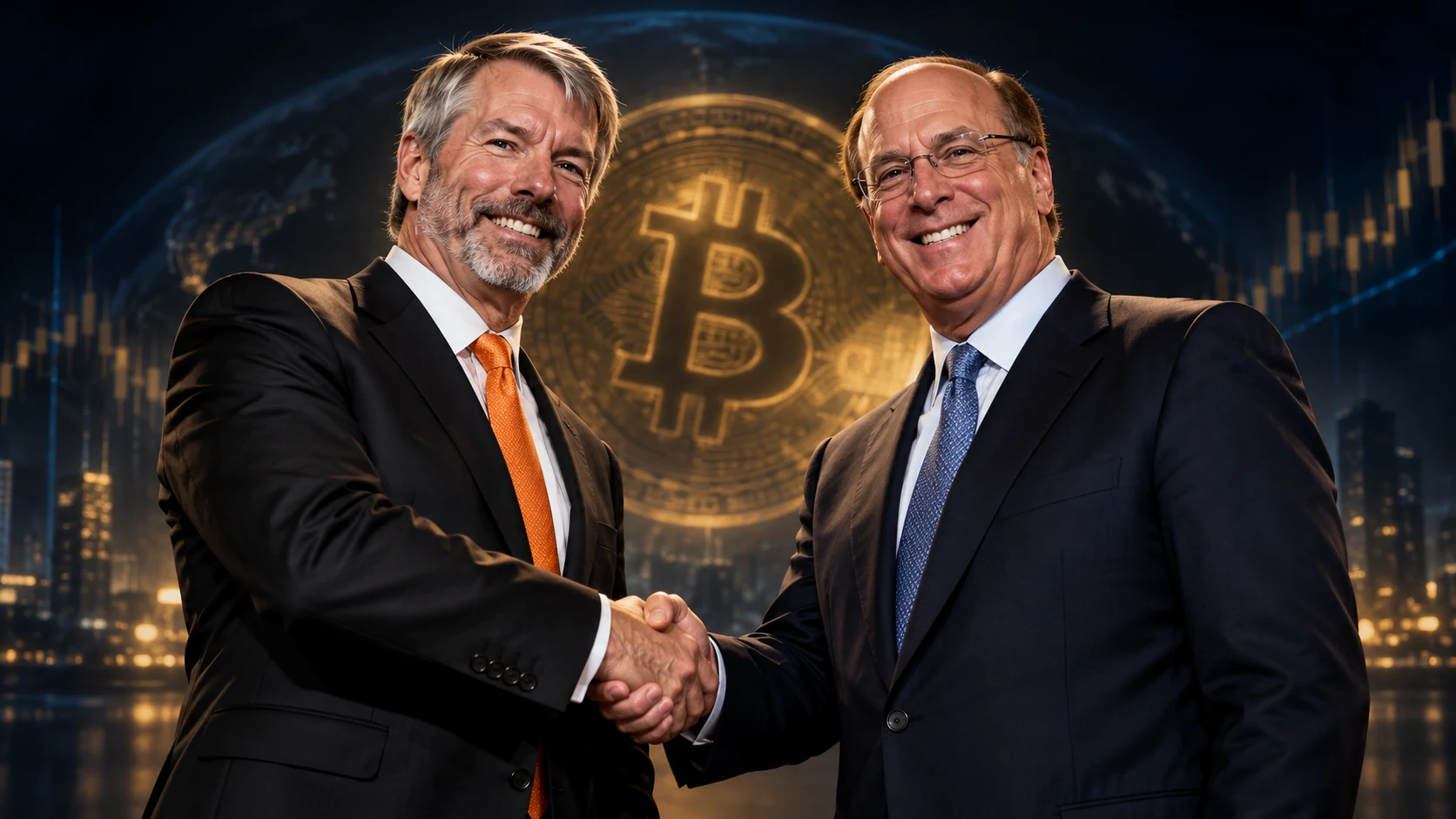 Satirical Bitcoin institutional finance handshake