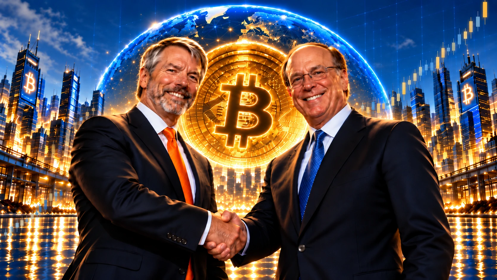 Satirical Bitcoin institutional finance handshake